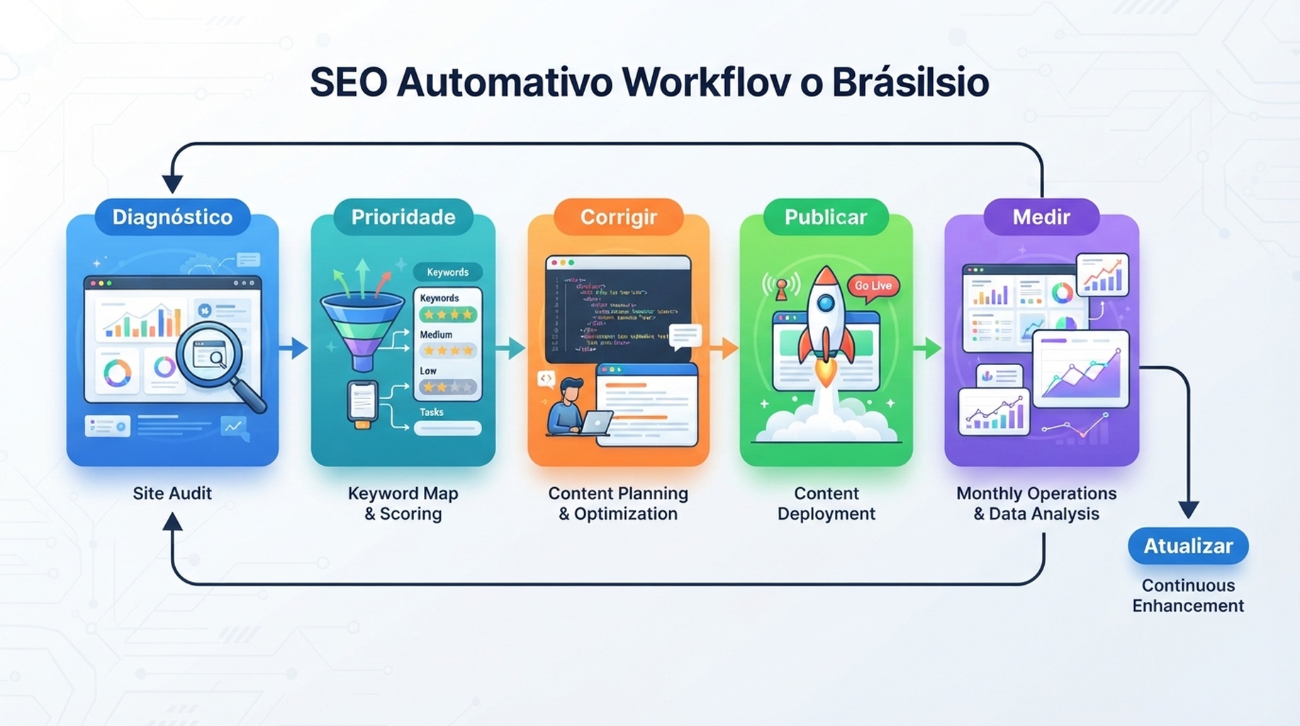 Fluxo de automação de SEO para equipes pequenas mostrando auditoria, mapa de palavras-chave, plano de conteúdo, verificações técnicas, prontidão para busca por IA e ciclo mensal de melhoria