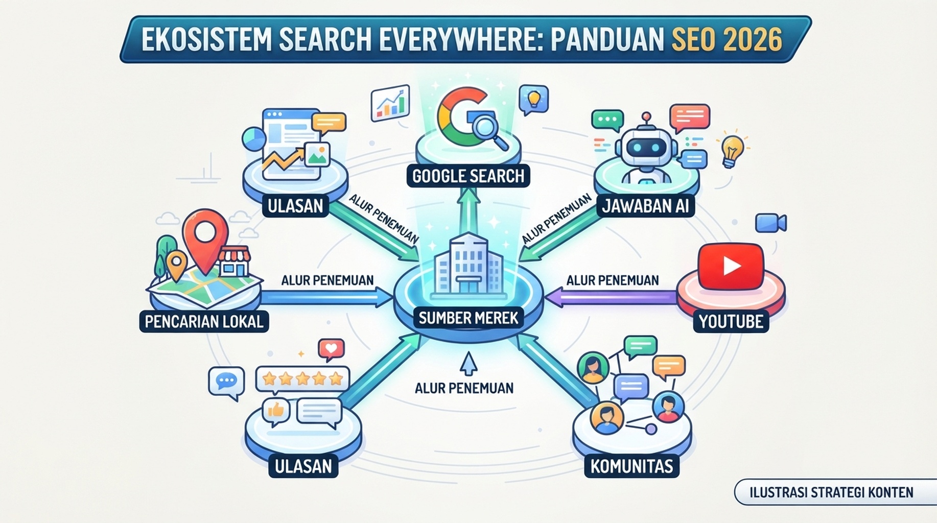 Peta search everywhere yang menampilkan Google Search, jawaban AI, YouTube, komunitas, situs ulasan, dan hasil lokal sebagai permukaan penemuan
