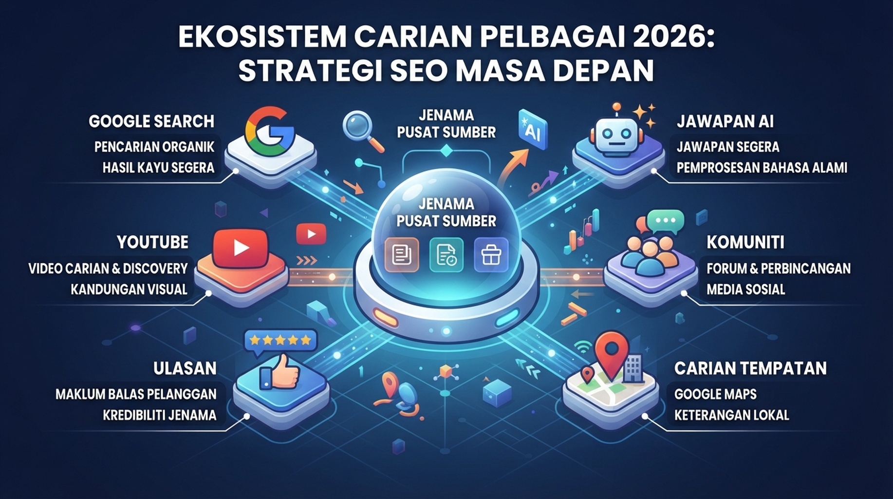 Peta search everywhere yang menunjukkan Google Search, jawapan AI, YouTube, komuniti, laman ulasan dan hasil tempatan sebagai permukaan penemuan