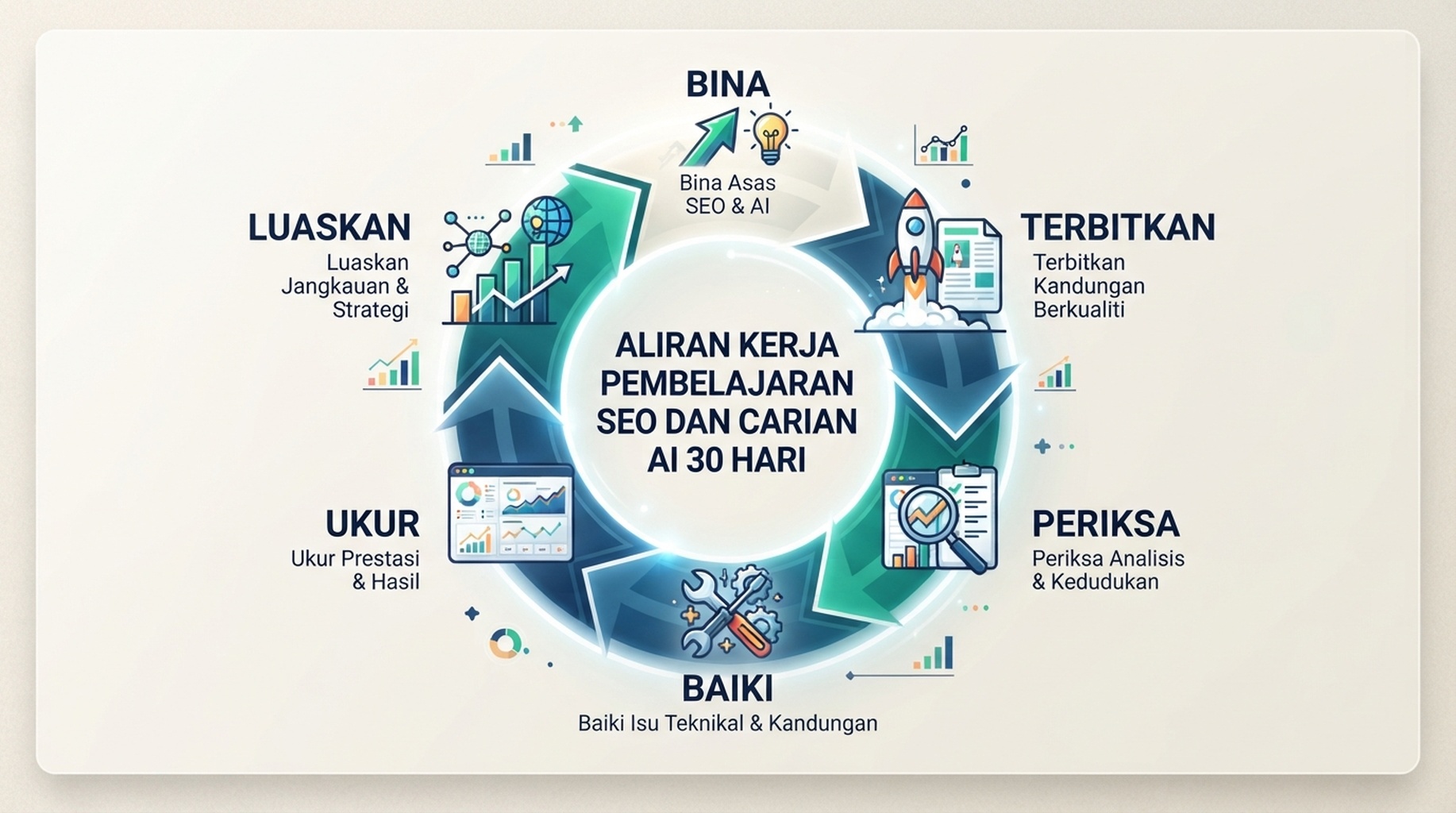 Kitaran pembelajaran SEO dan carian AI selama 30 hari yang menunjukkan bina, terbitkan, periksa, baiki, ukur dan pilih platform seterusnya