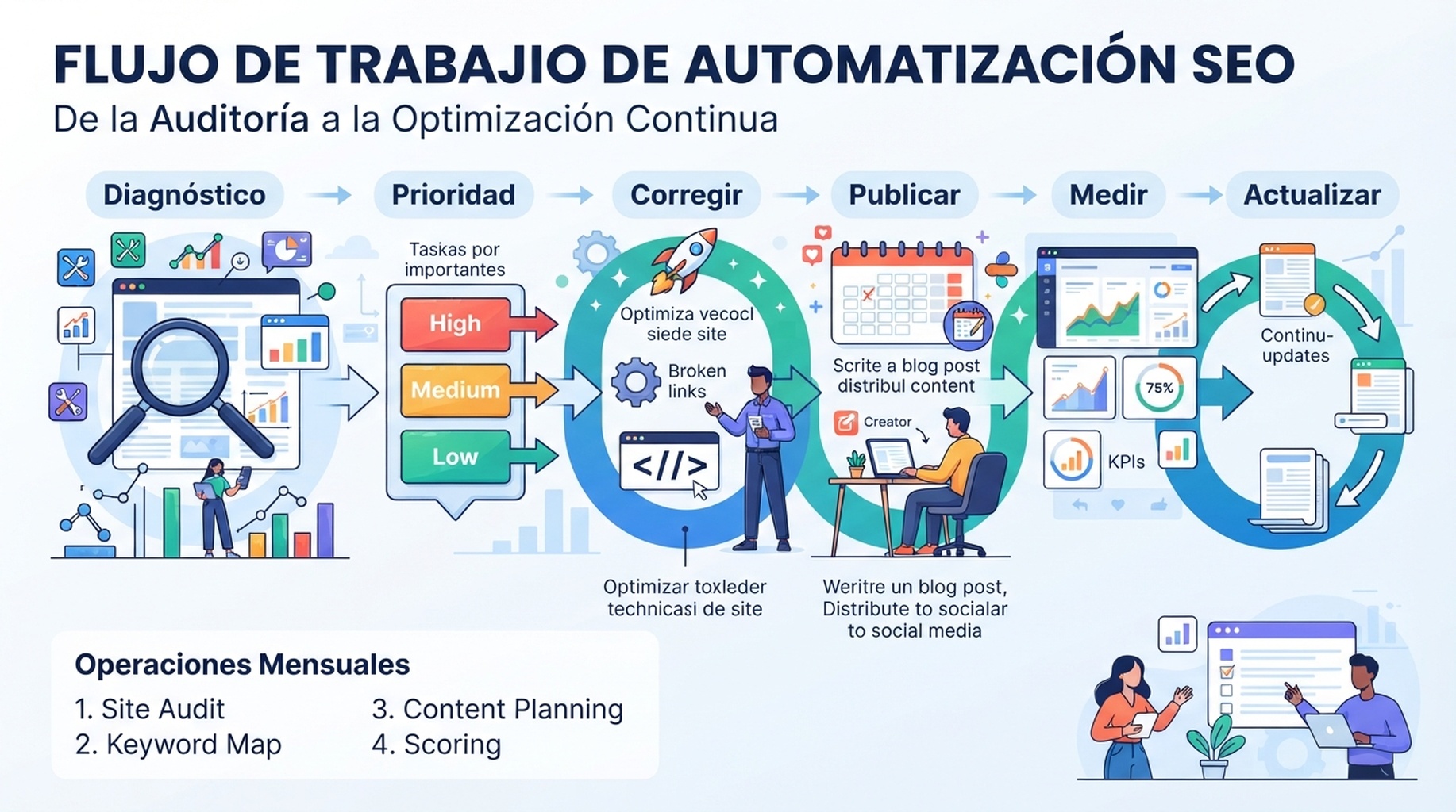 Flujo de automatización SEO para equipos pequeños con auditoría, mapa de palabras clave, plan de contenido, revisiones técnicas, preparación para búsqueda con IA y ciclo mensual de mejora
