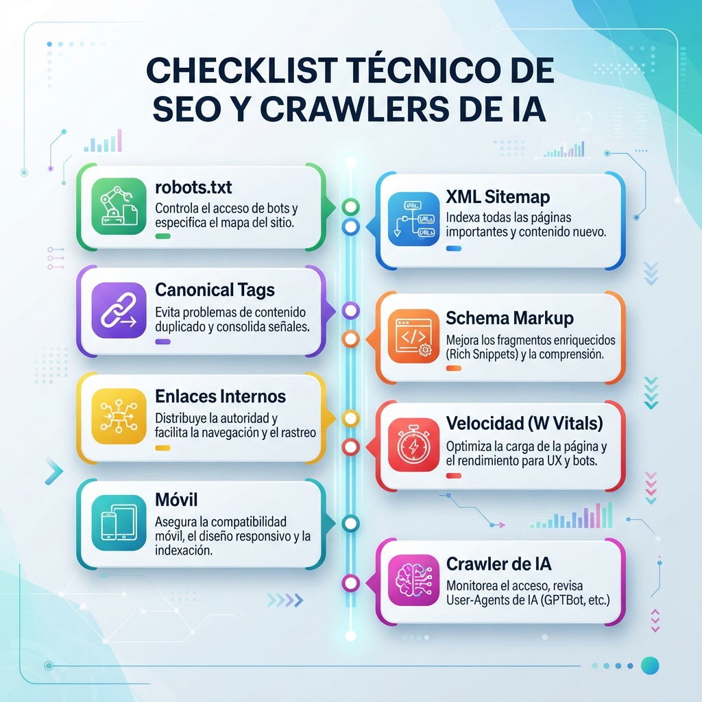 Checklist de technical SEO y crawlers de IA con robots.txt, sitemap, canonical tags, schema, enlaces internos, velocidad y acceso de crawlers de IA