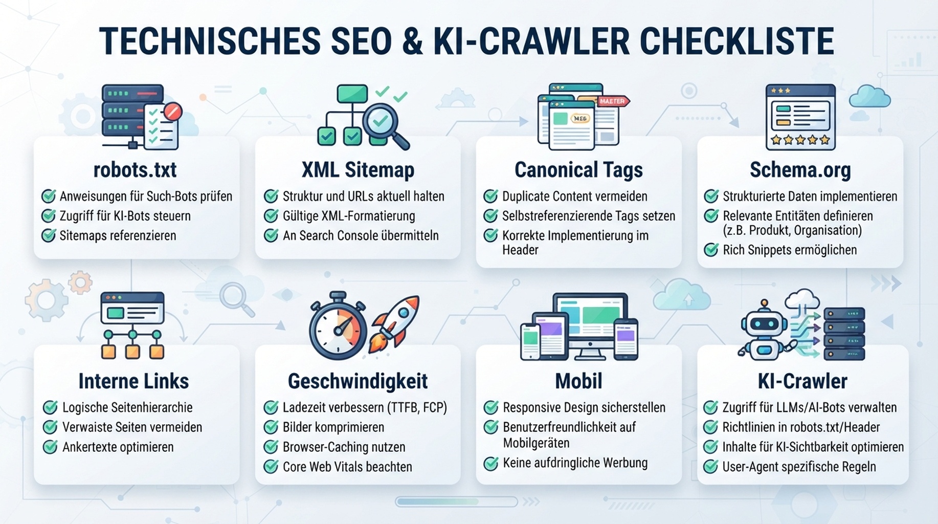 Technical-SEO- und KI-Crawler-Checkliste mit robots.txt, sitemap, canonical tags, schema, internen Links, Geschwindigkeit und Zugriff für KI-Crawler
