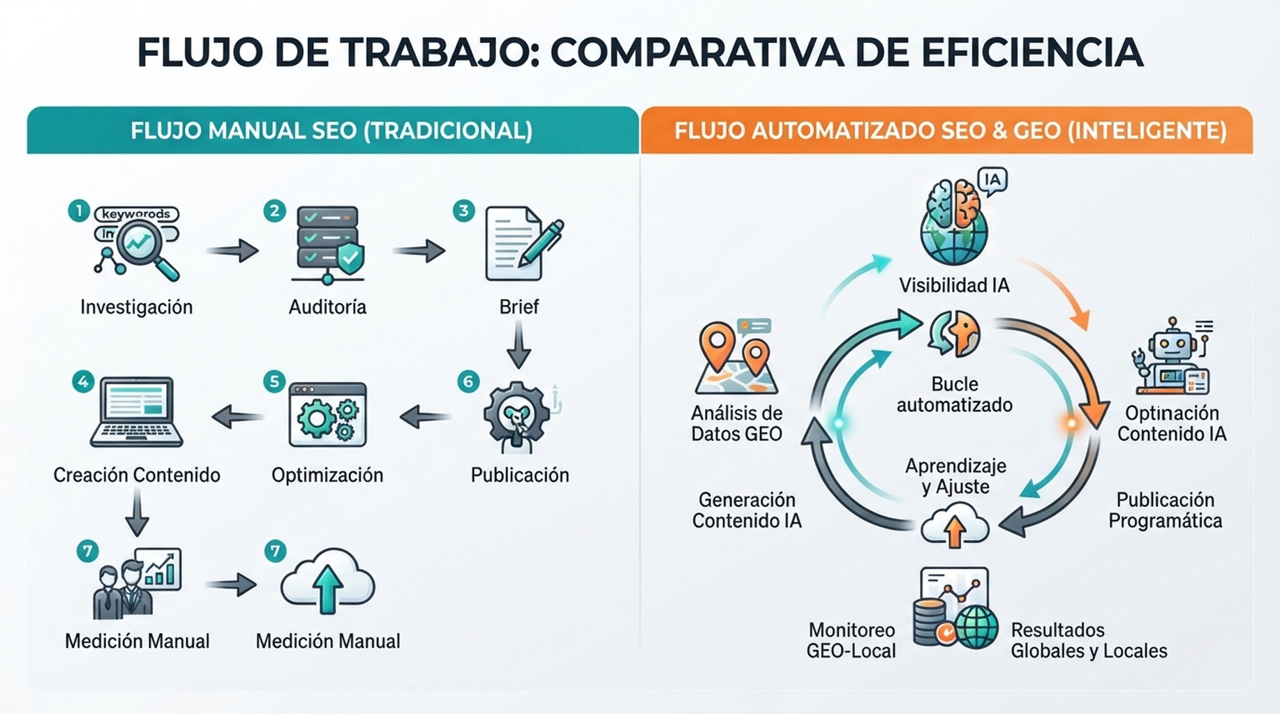 Matriz de workflow que compara SEO manual con automatización de SEO y GEO
