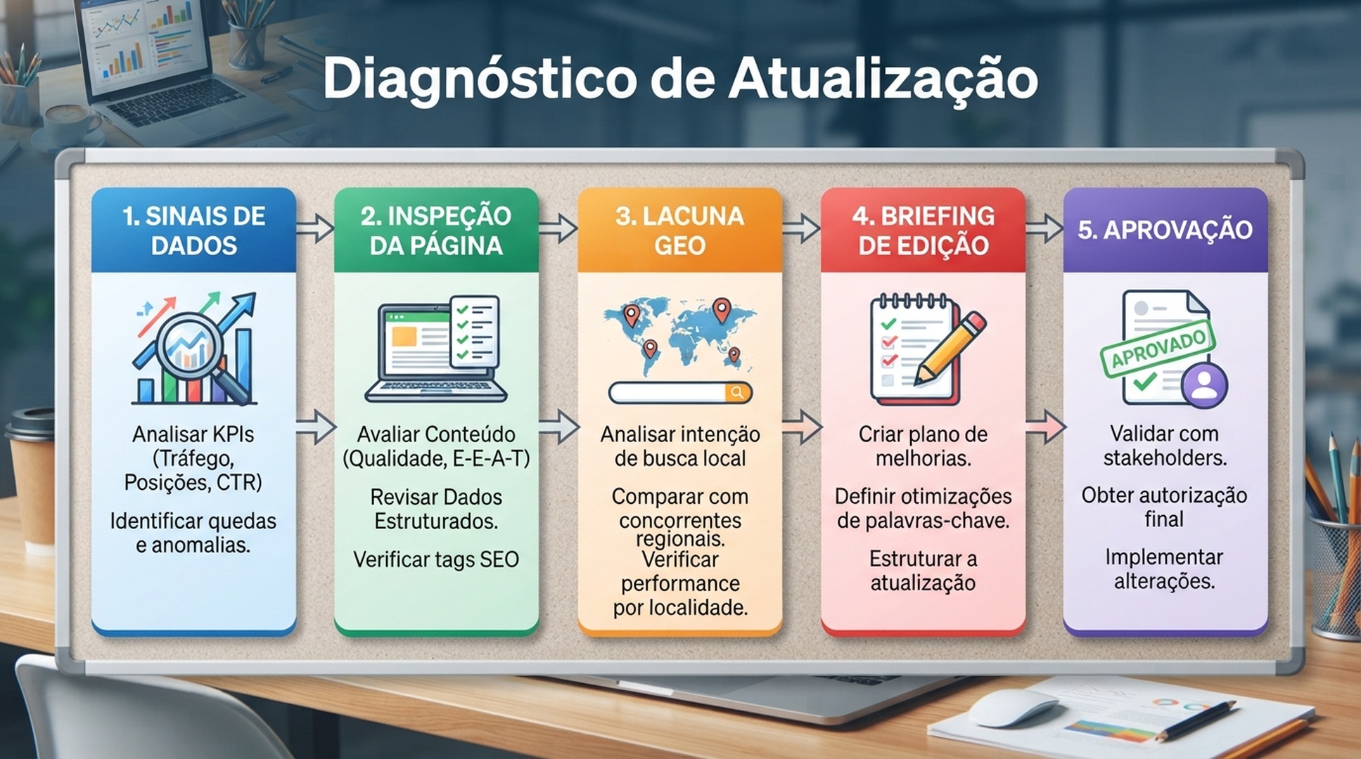 Infografico de diagnostico de atualizacao de conteudo com OpenClaw