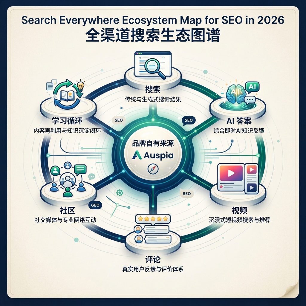 展示 Google Search、AI 答案、YouTube、社区、评论网站和本地结果等发现界面的全域搜索地图