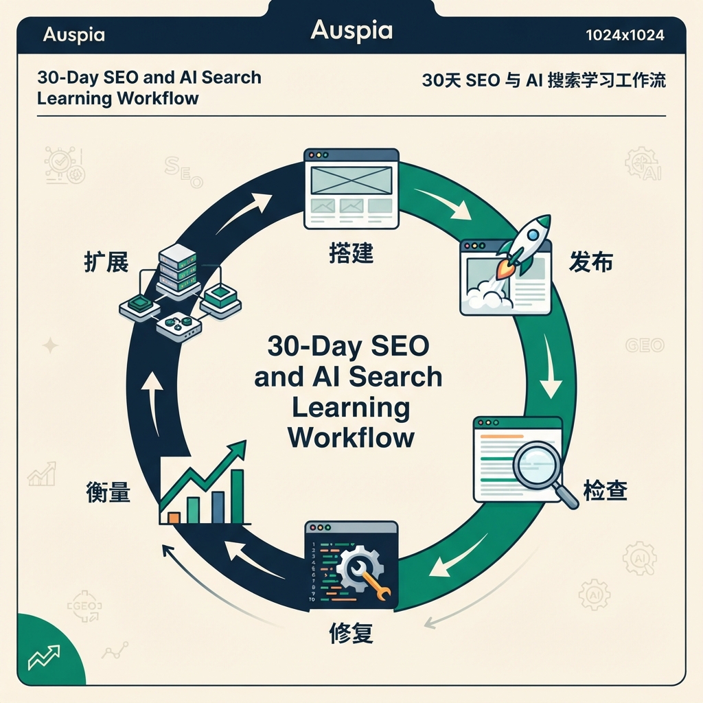 展示搭建、发布、检查、修复、衡量和选择下一平台的 30 天 SEO 与 AI 搜索学习循环