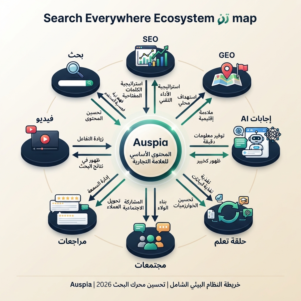 خريطة search everywhere تعرض Google Search وإجابات AI وYouTube والمجتمعات ومواقع المراجعات والنتائج المحلية كأسطح اكتشاف