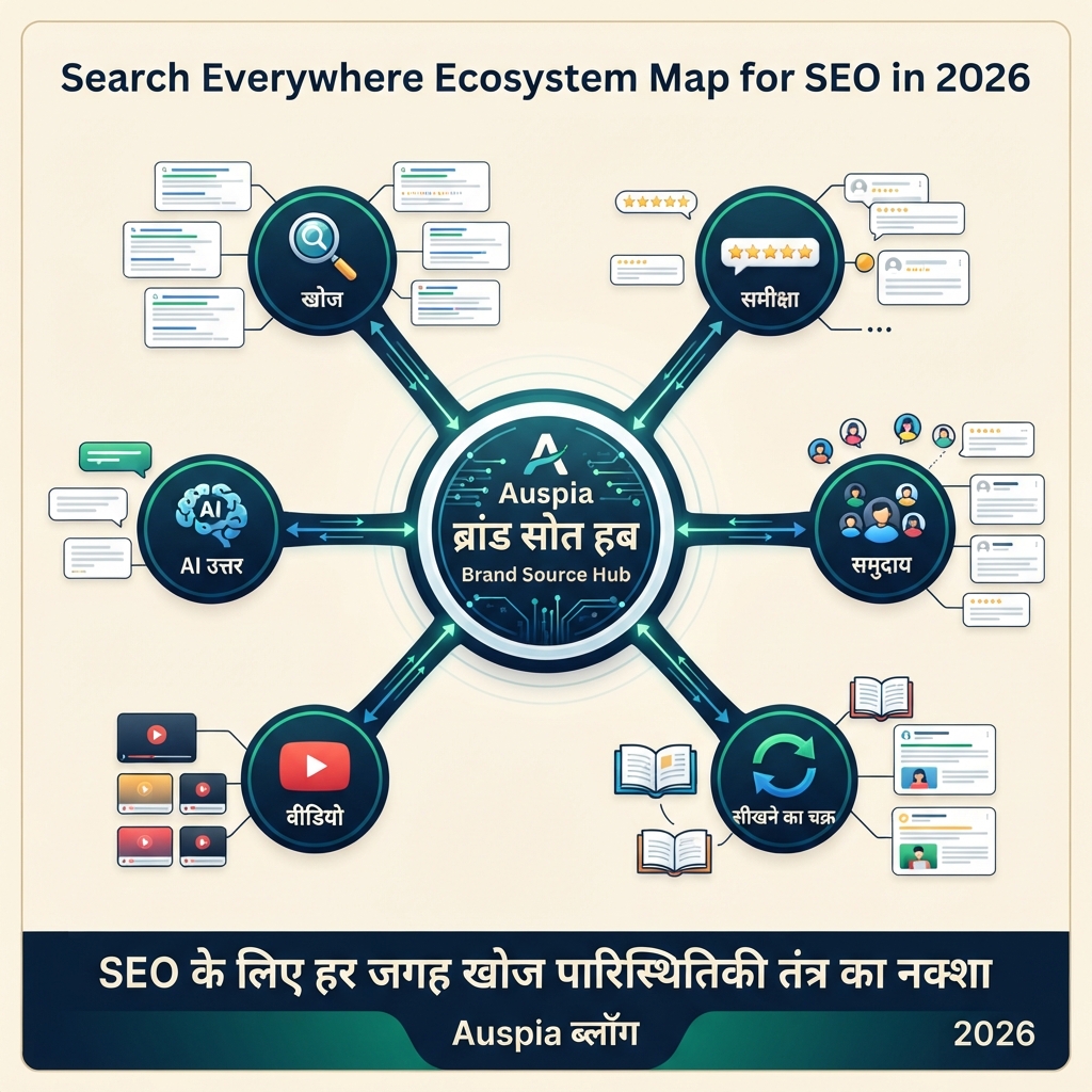 Google Search, AI answers, YouTube, communities, review sites और local results को discovery surfaces के रूप में दिखाने वाला search everywhere map