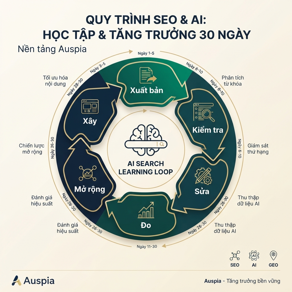 Vòng học SEO và AI search trong 30 ngày: xây dựng, xuất bản, kiểm tra, sửa, đo lường và chọn nền tảng tiếp theo