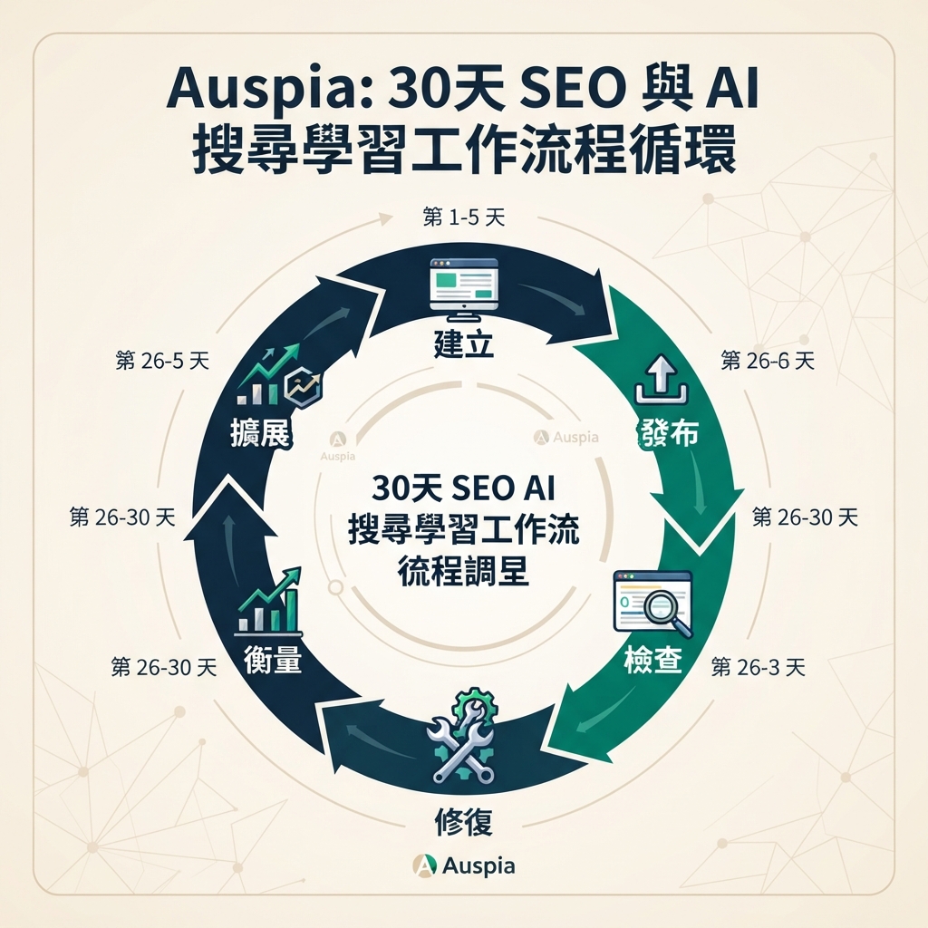 30 天 SEO 與 AI 搜尋學習循環,展示建立、發布、檢查、修正、衡量與選擇下一個平台的步驟