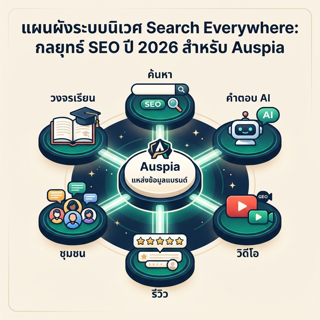 แผนที่ search everywhere ที่แสดง Google Search, AI answers, YouTube, communities, review sites และ local results เป็น discovery surfaces