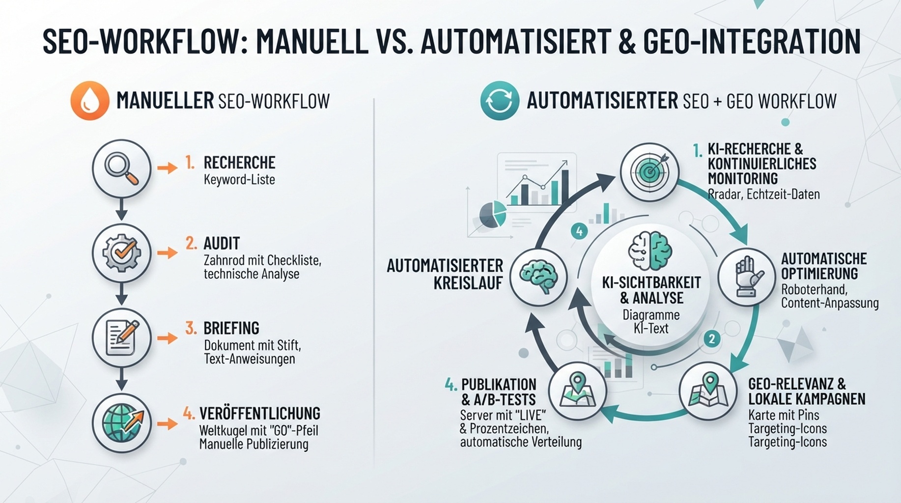 Workflow-Matrix: manuelles SEO im Vergleich zu automatisierten SEO- und GEO-Prozessen