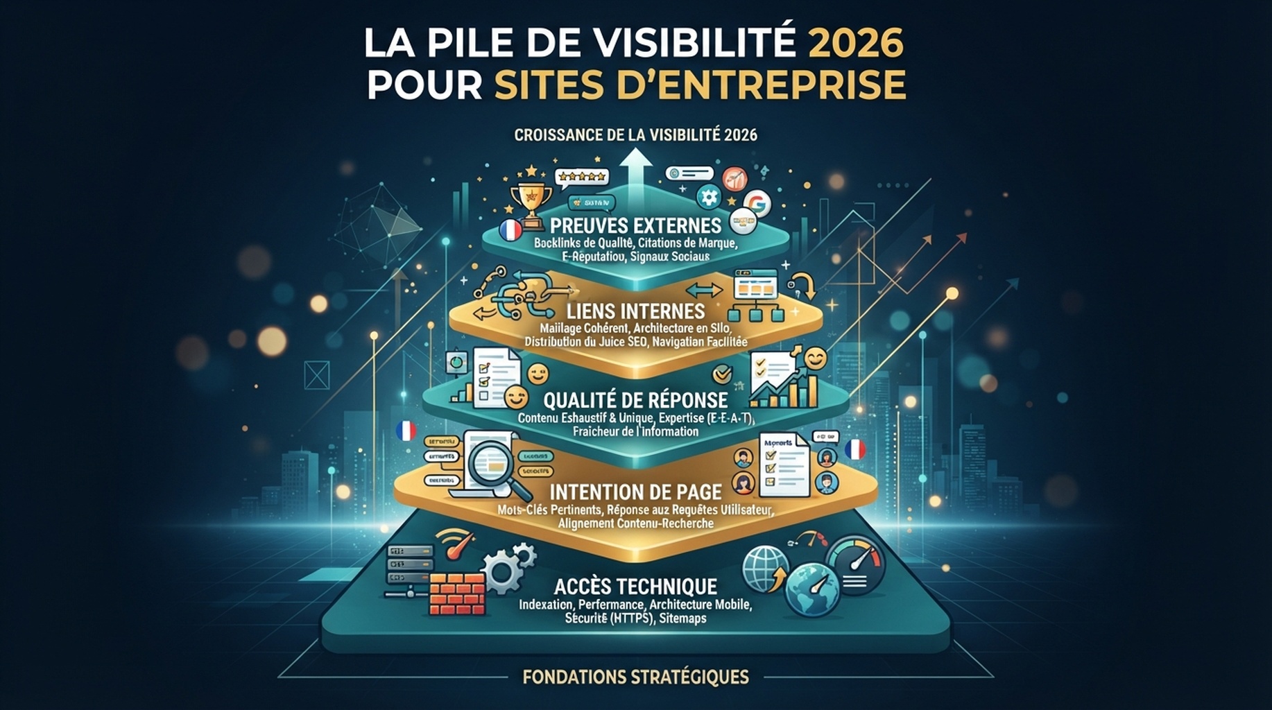 La pile de visibilité 2026 : accès technique, intention de page, qualité de réponse, liens internes et preuves externes