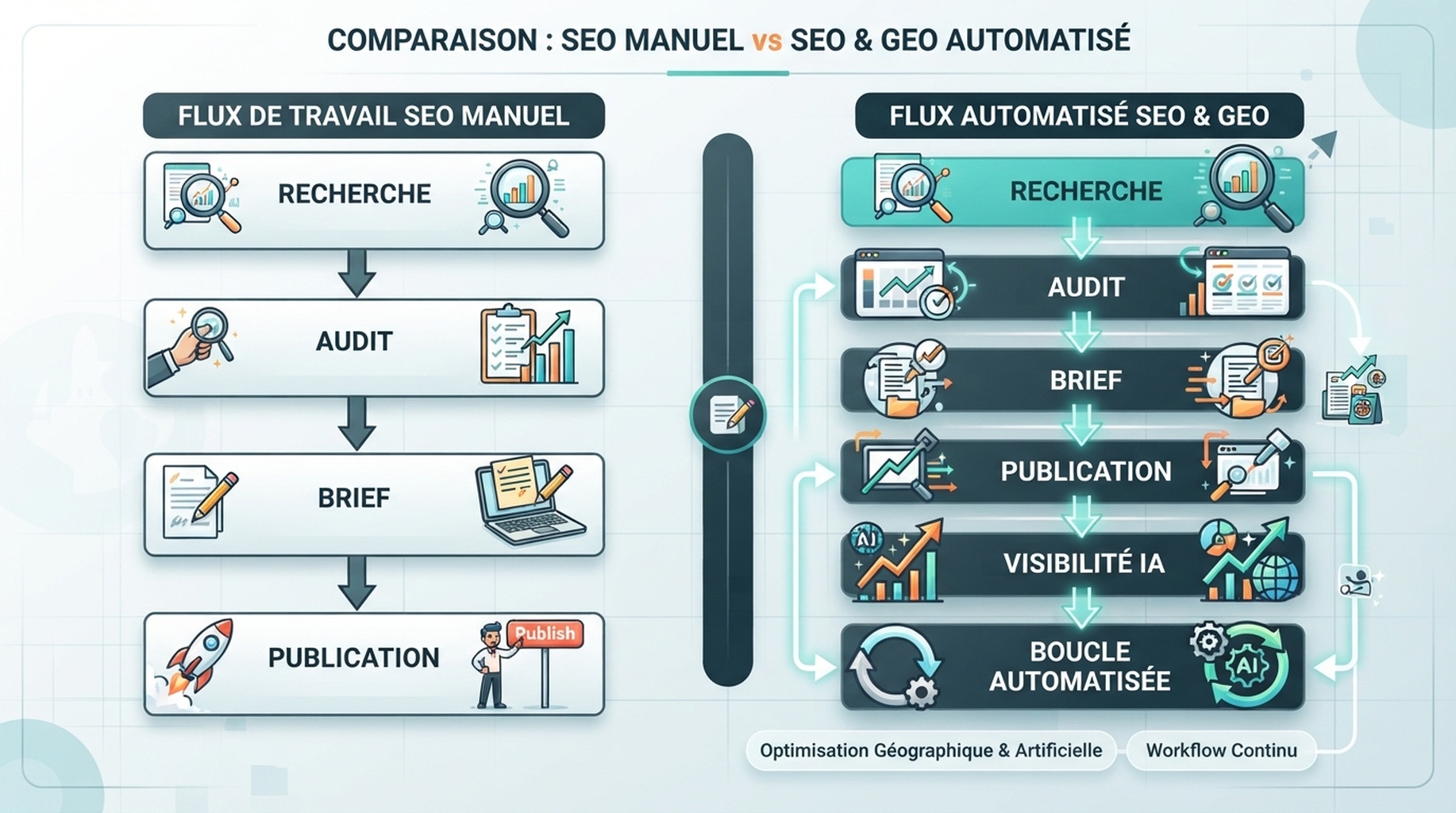Matrice de workflow comparant le SEO manuel aux workflows SEO et GEO automatisés
