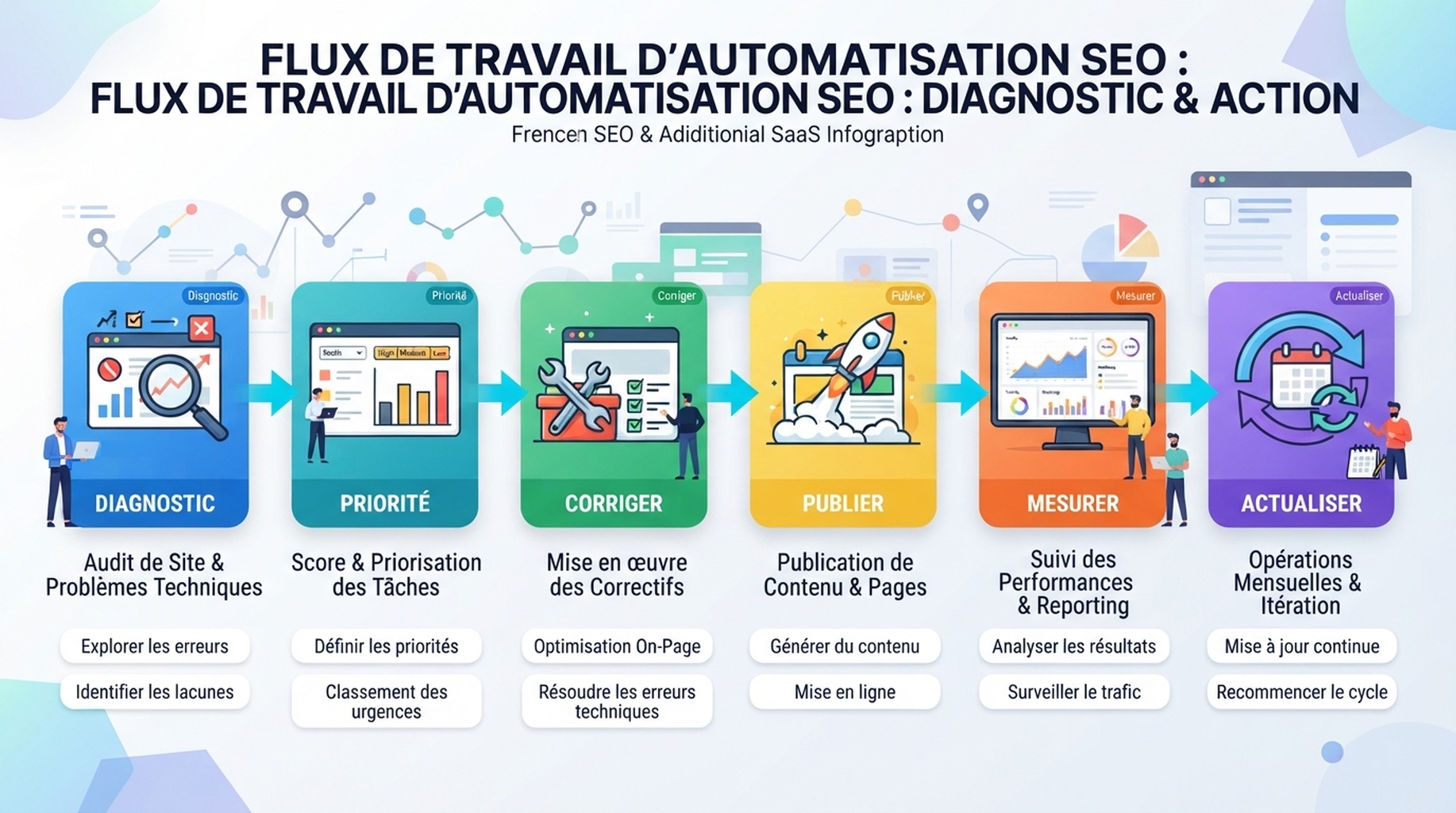 Workflow d’automatisation SEO pour petites équipes montrant audit, carte de mots-clés, plan de contenu, vérifications techniques, préparation à la recherche IA et boucle mensuelle d’amélioration