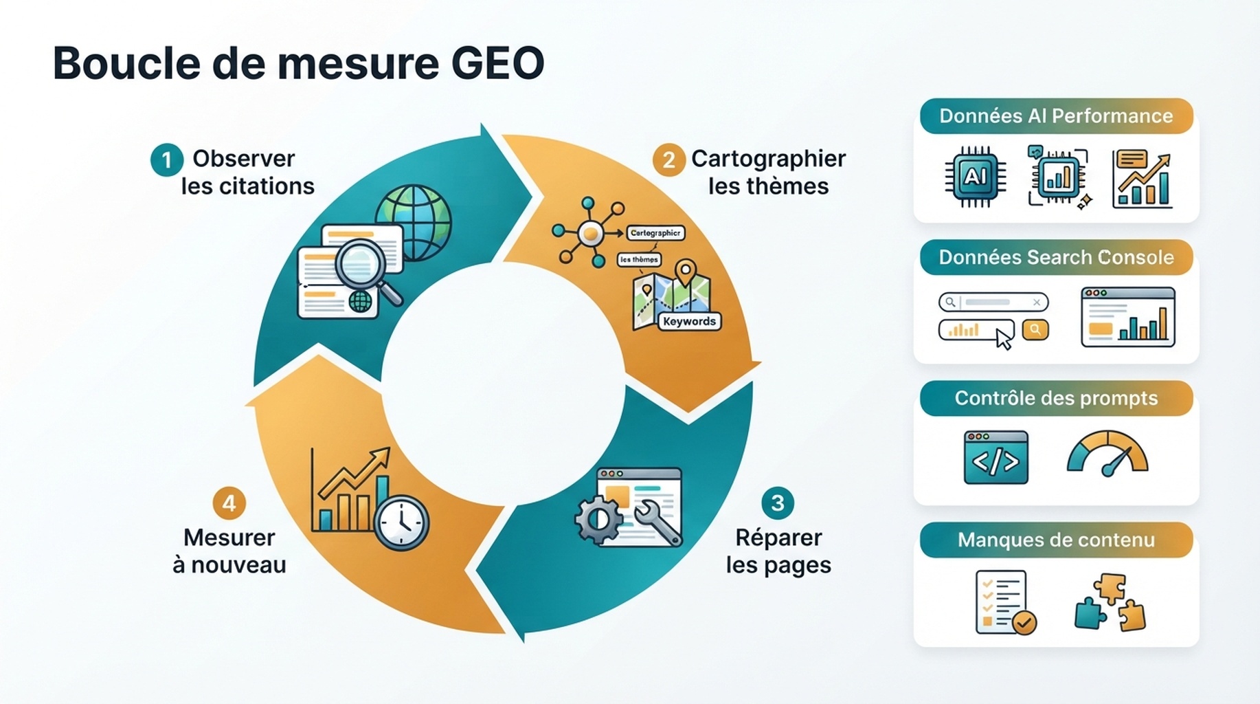 Boucle de mesure GEO entre données de recherche IA et améliorations de contenu