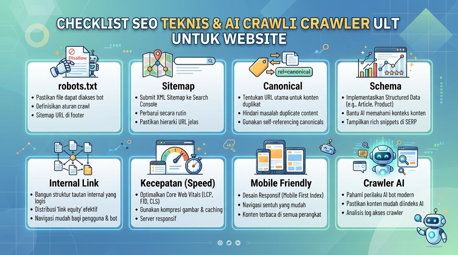 Checklist technical SEO dan crawler AI dengan robots.txt, sitemap, canonical tags, schema, internal link, speed, dan akses crawler AI