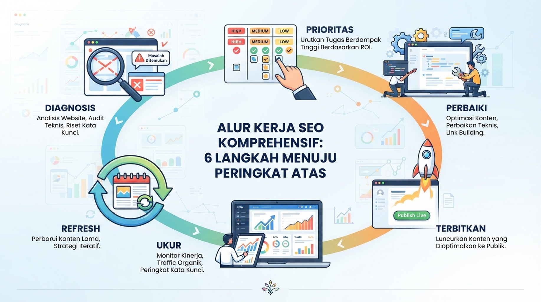 Workflow otomatisasi SEO untuk tim kecil yang menunjukkan audit, peta keyword, rencana konten, pemeriksaan teknis, kesiapan AI search, dan loop perbaikan bulanan