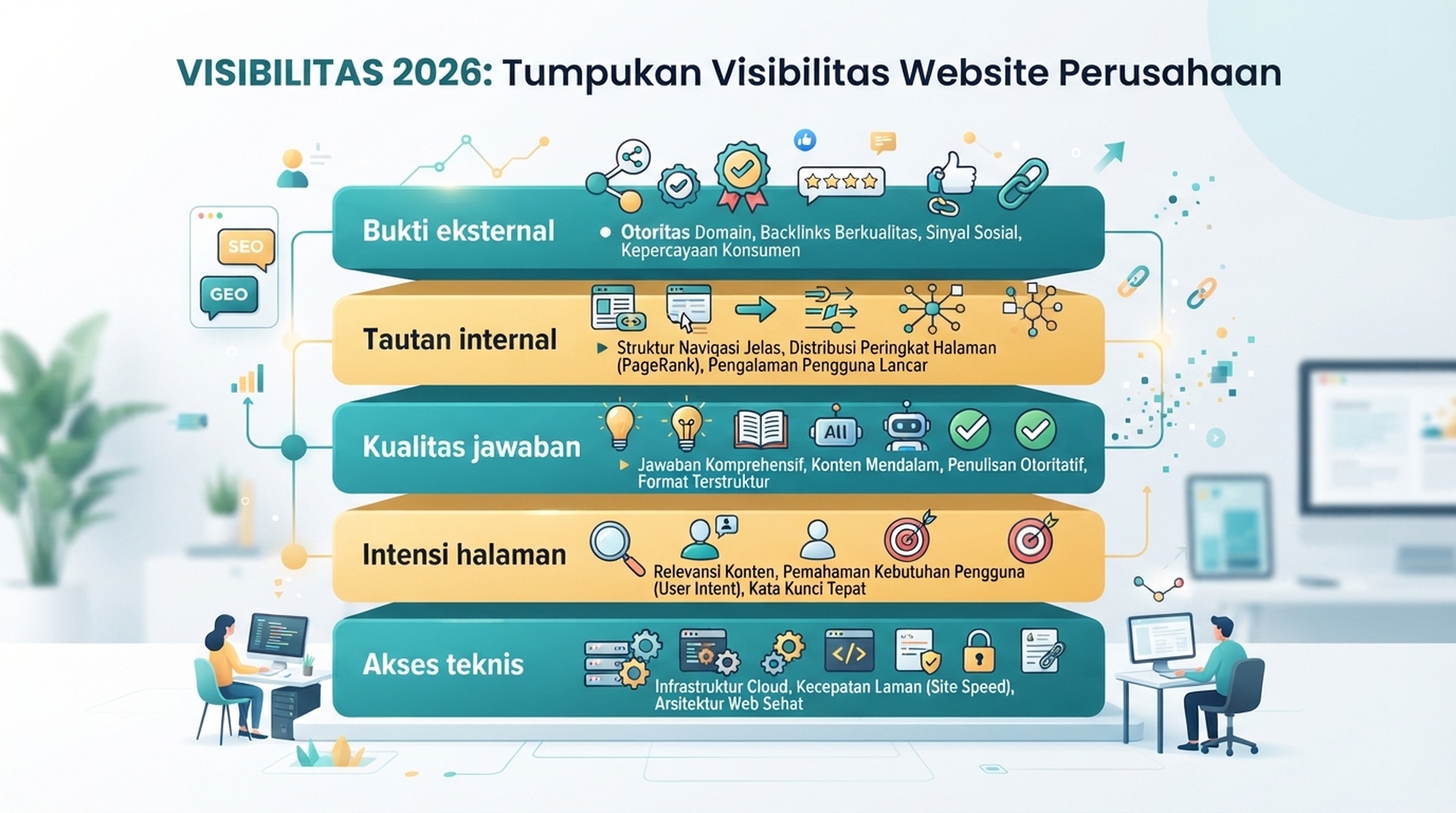 Stack visibilitas 2026: akses teknis, intensi halaman, kualitas jawaban, tautan internal, dan bukti eksternal