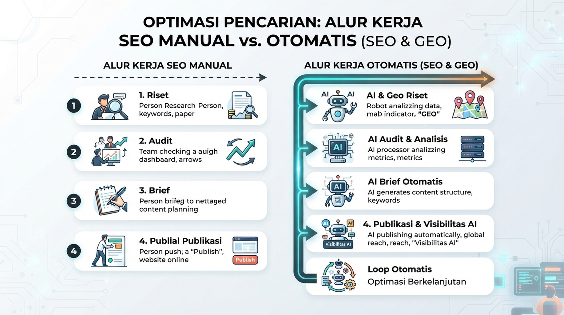 Matriks workflow yang membandingkan SEO manual dengan otomatisasi SEO dan GEO