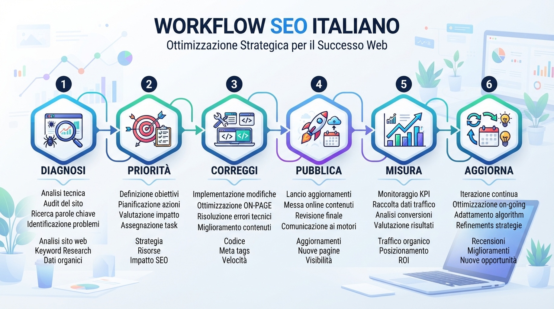 Workflow di automazione SEO per piccoli team con audit, mappa keyword, piano contenuti, controlli tecnici, prontezza per ricerca AI e ciclo mensile di miglioramento