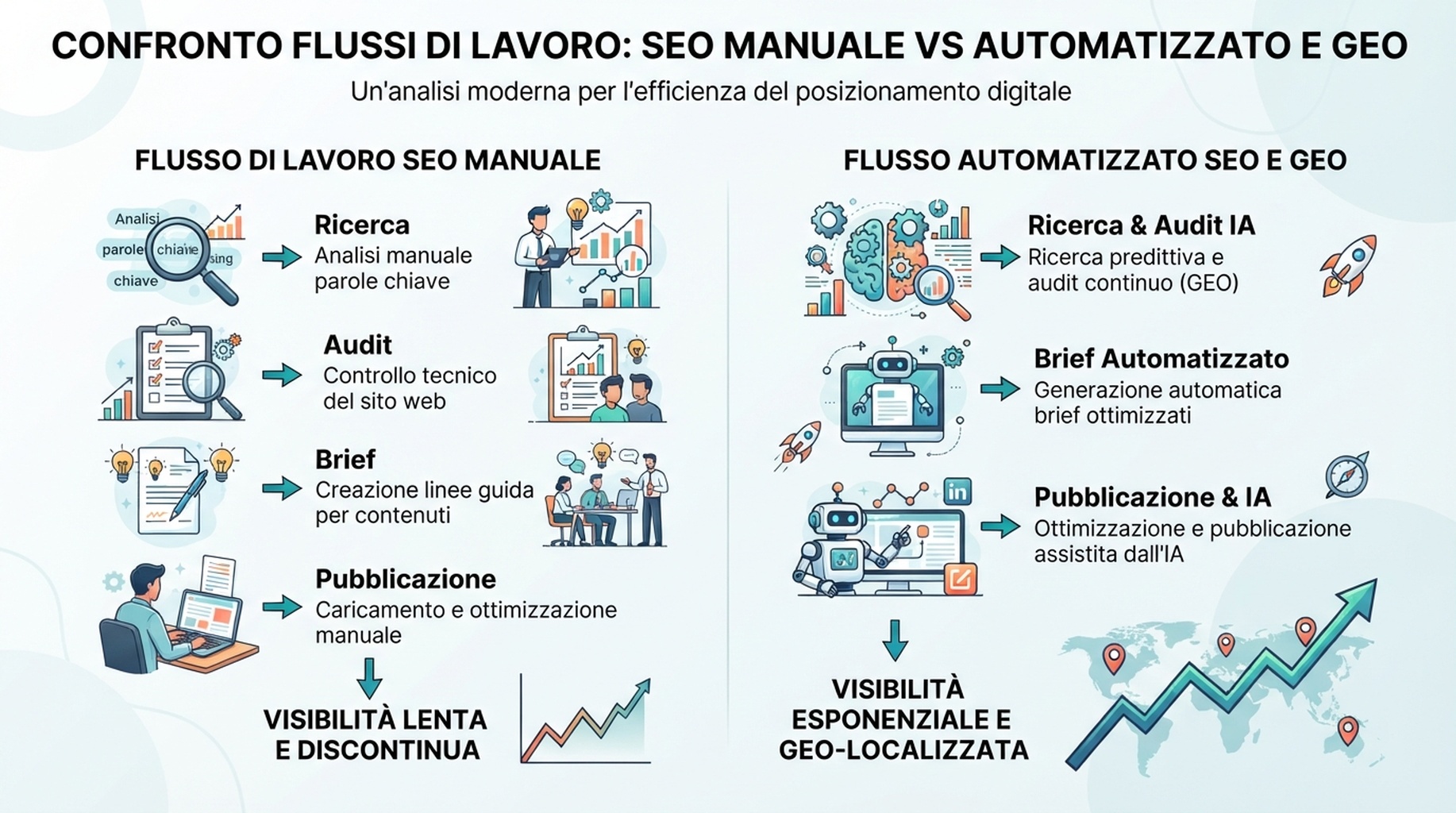 Matrice di workflow che confronta SEO manuale e automazione SEO/GEO