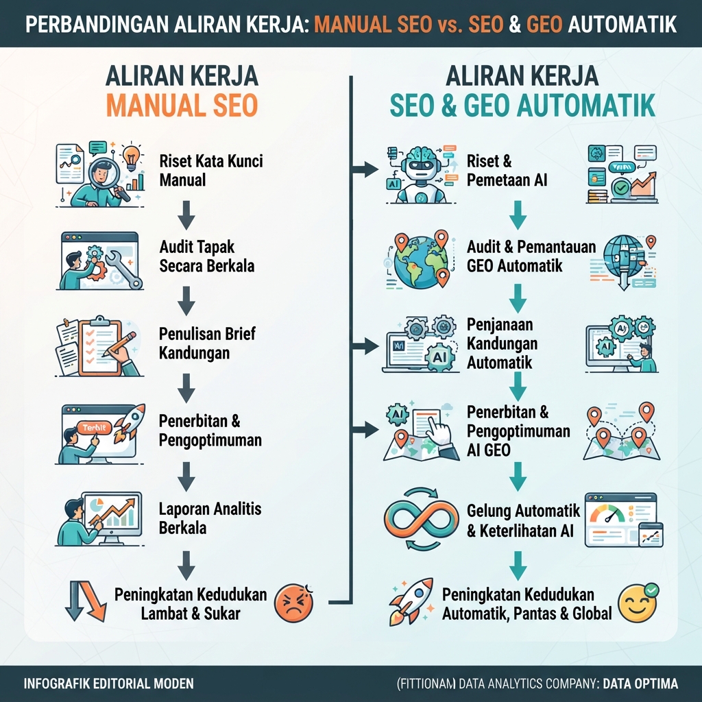 Matriks workflow yang membandingkan SEO manual dengan automasi SEO dan GEO