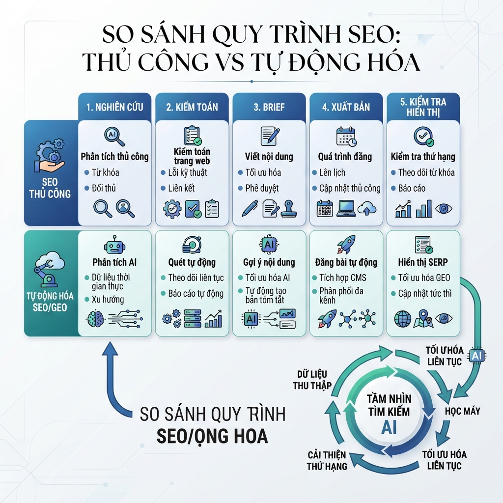 Ma trận workflow so sánh SEO thủ công với tự động hóa SEO và GEO