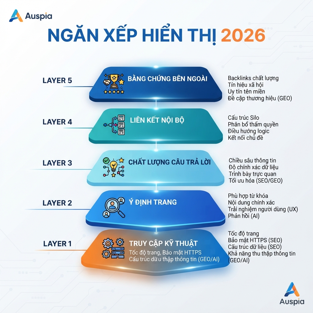 Ngăn xếp hiển thị 2026: truy cập kỹ thuật, ý định trang, chất lượng câu trả lời, liên kết nội bộ và bằng chứng bên ngoài