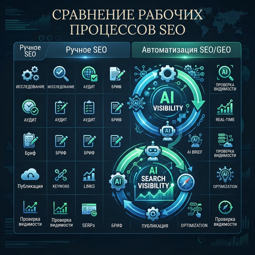 Матрица workflow, сравнивающая ручное SEO с автоматизацией SEO и GEO