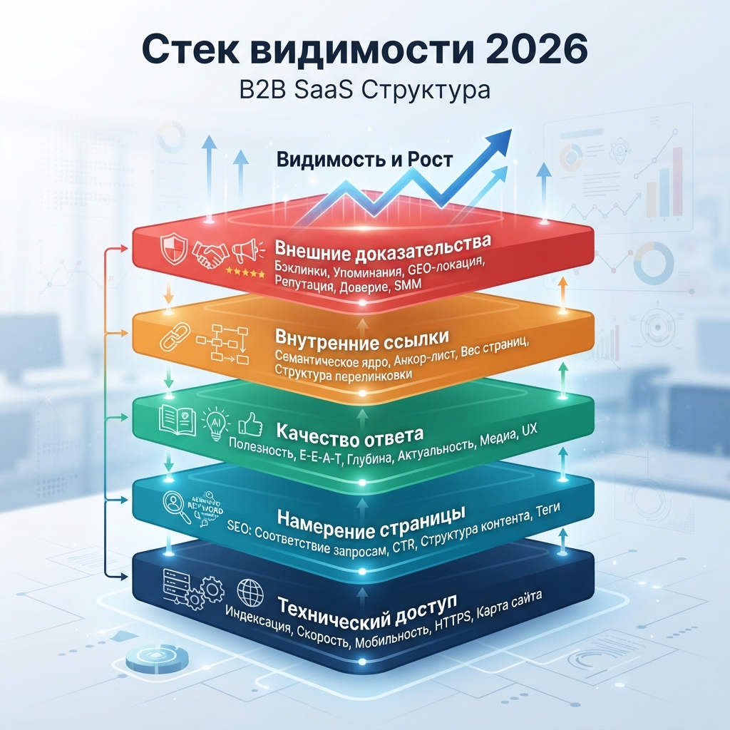 Стек видимости 2026 года: технический доступ, намерение страницы, качество ответа, внутренние ссылки и внешние доказательства