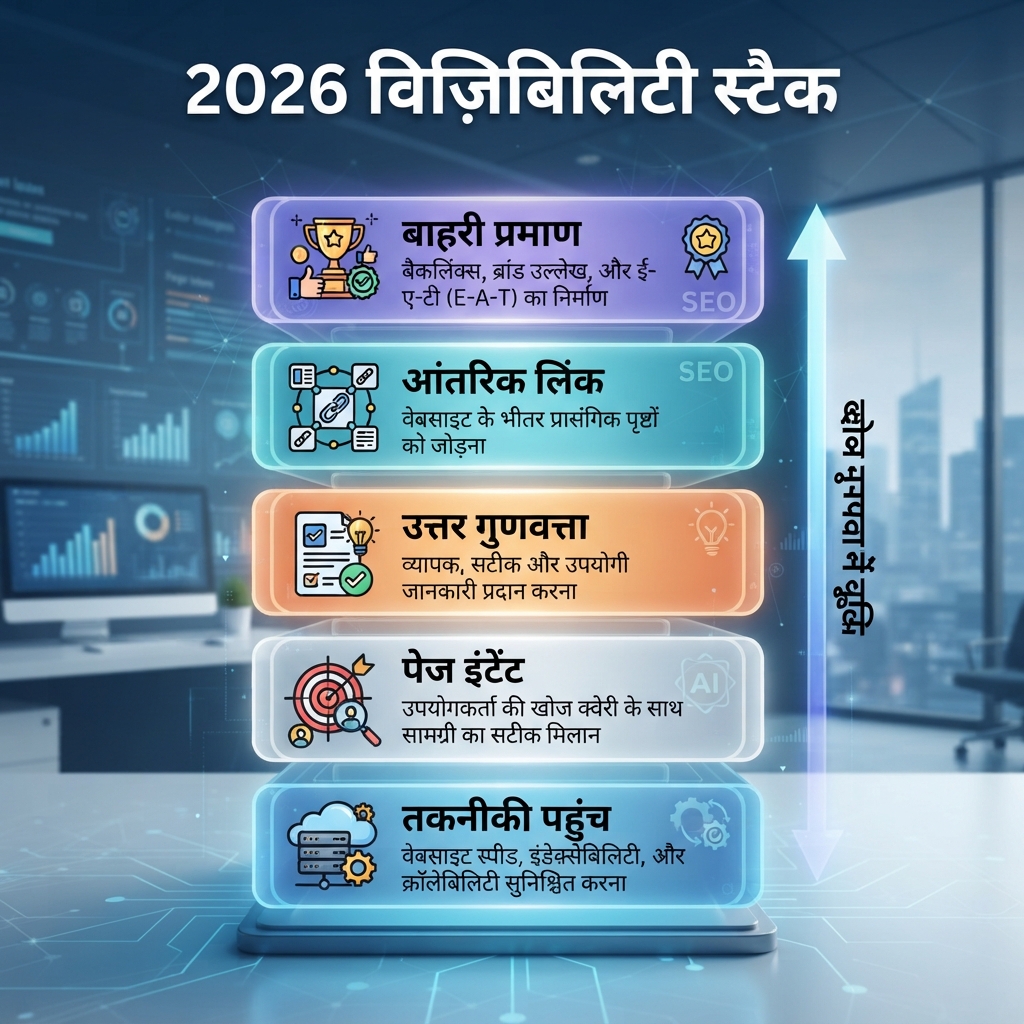 2026 विज़िबिलिटी स्टैक: तकनीकी access, पेज इंटेंट, जवाब गुणवत्ता, आंतरिक लिंक और बाहरी प्रमाण