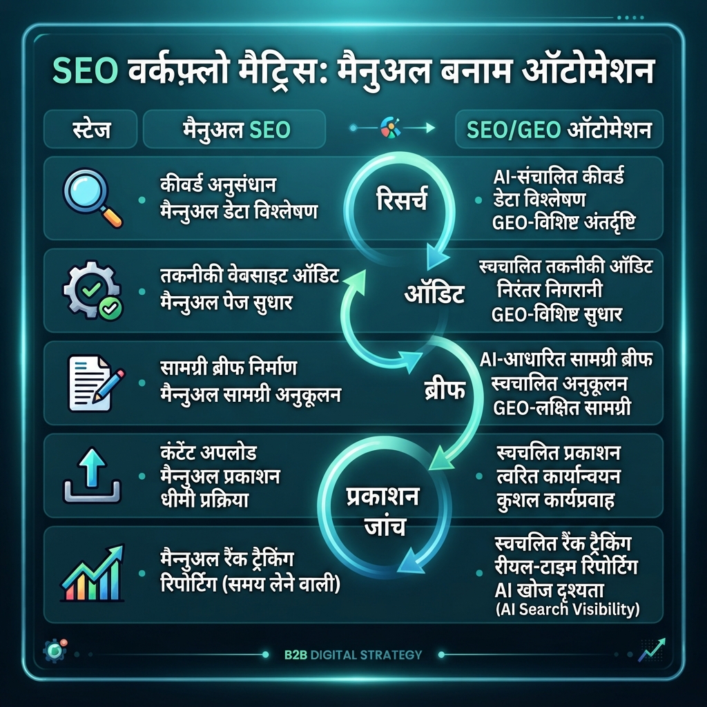 Manual SEO और स्वचालित SEO/GEO वर्कफ़्लो matrix की तुलना