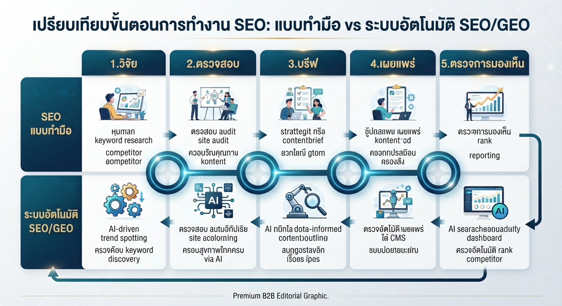 เมทริกซ์ workflow ที่เปรียบเทียบ SEO แบบทำมือกับ automation สำหรับ SEO และ GEO