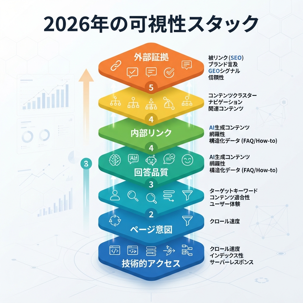 2026年の可視性スタック: 技術的アクセス、ページ意図、回答品質、内部リンク、外部証拠