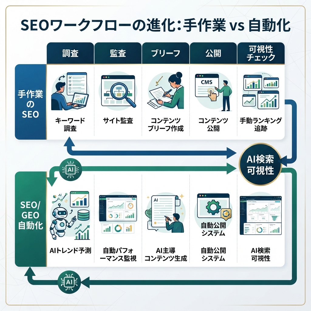 手作業のSEOとSEO/GEO自動化ワークフローを比較するマトリクス