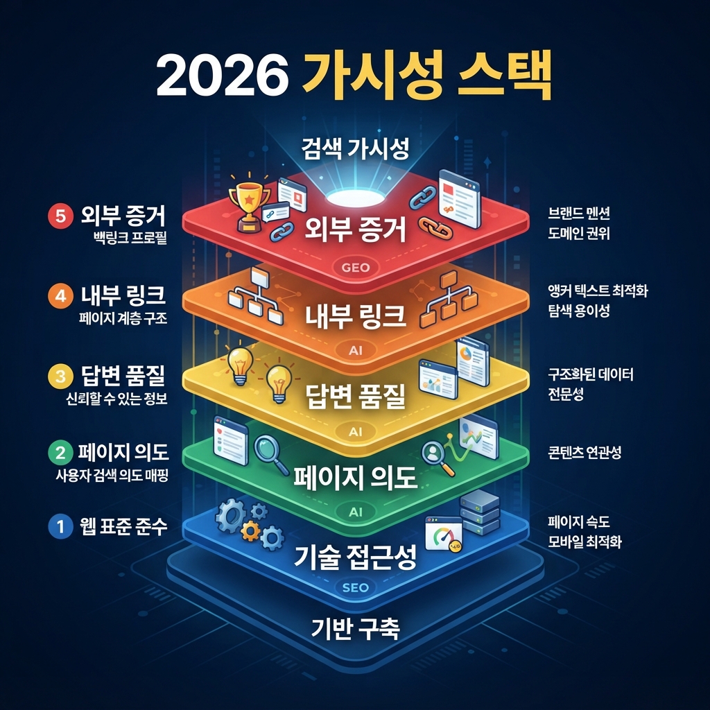 2026 가시성 스택: 기술 접근성, 페이지 의도, 답변 품질, 내부 링크, 외부 증거