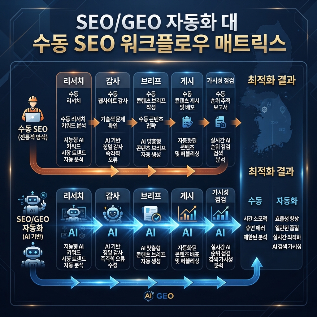 수동 SEO와 SEO/GEO 자동화 워크플로를 비교하는 매트릭스