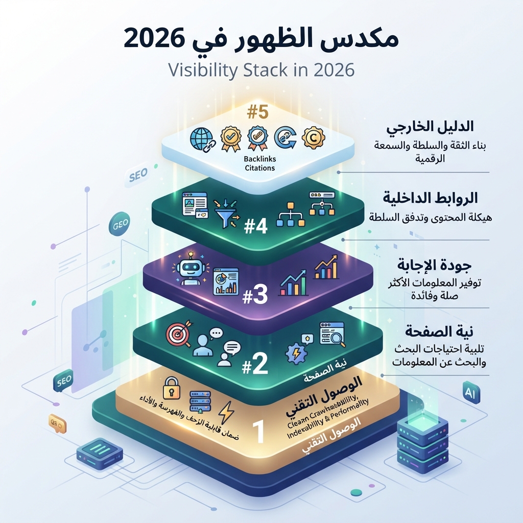 مكدس الظهور في 2026: الوصول التقني، نية الصفحة، جودة الإجابة، الروابط الداخلية، والدليل الخارجي