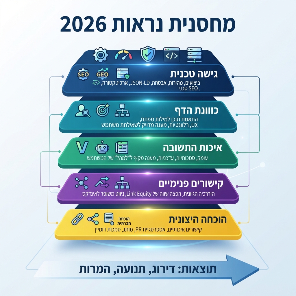 מחסנית נראות 2026: גישה טכנית, כוונת הדף, איכות התשובה, קישורים פנימיים והוכחה חיצונית
