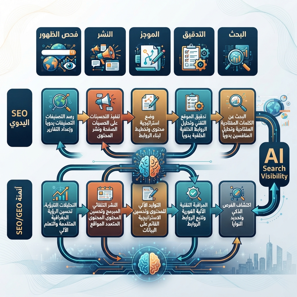 مصفوفة workflow تقارن SEO اليدوي بأتمتة SEO وGEO