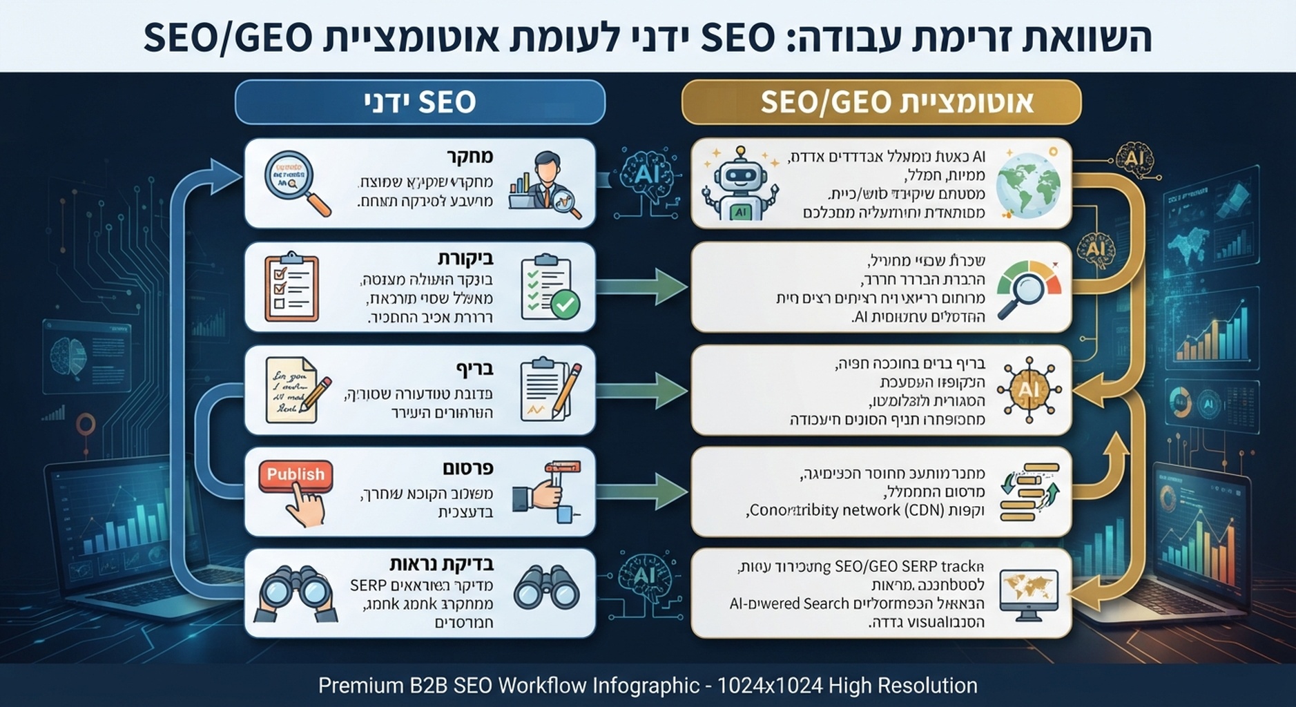 מטריצת workflow שמשווה SEO ידני לאוטומציית SEO ו-GEO