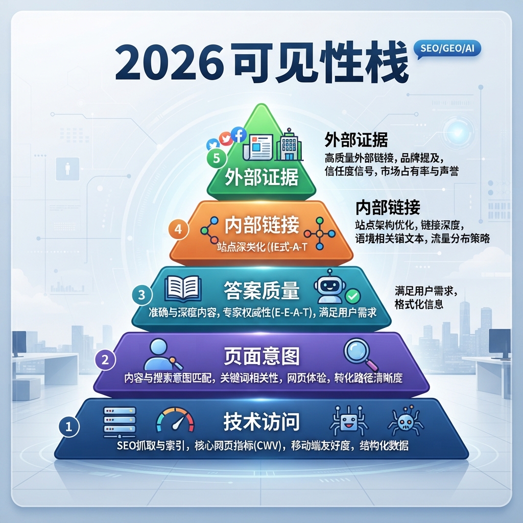 2026 可见性栈：技术访问、页面意图、答案质量、内部链接和外部证据