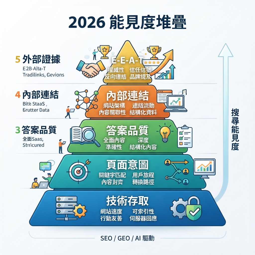 2026 能見度堆疊：技術訪問、頁面意圖、答案質量、內部連結和外部證據