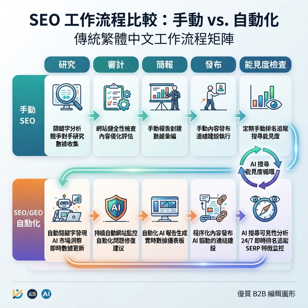 對比手動 SEO 與 SEO/GEO 自動化 workflow 的矩陣