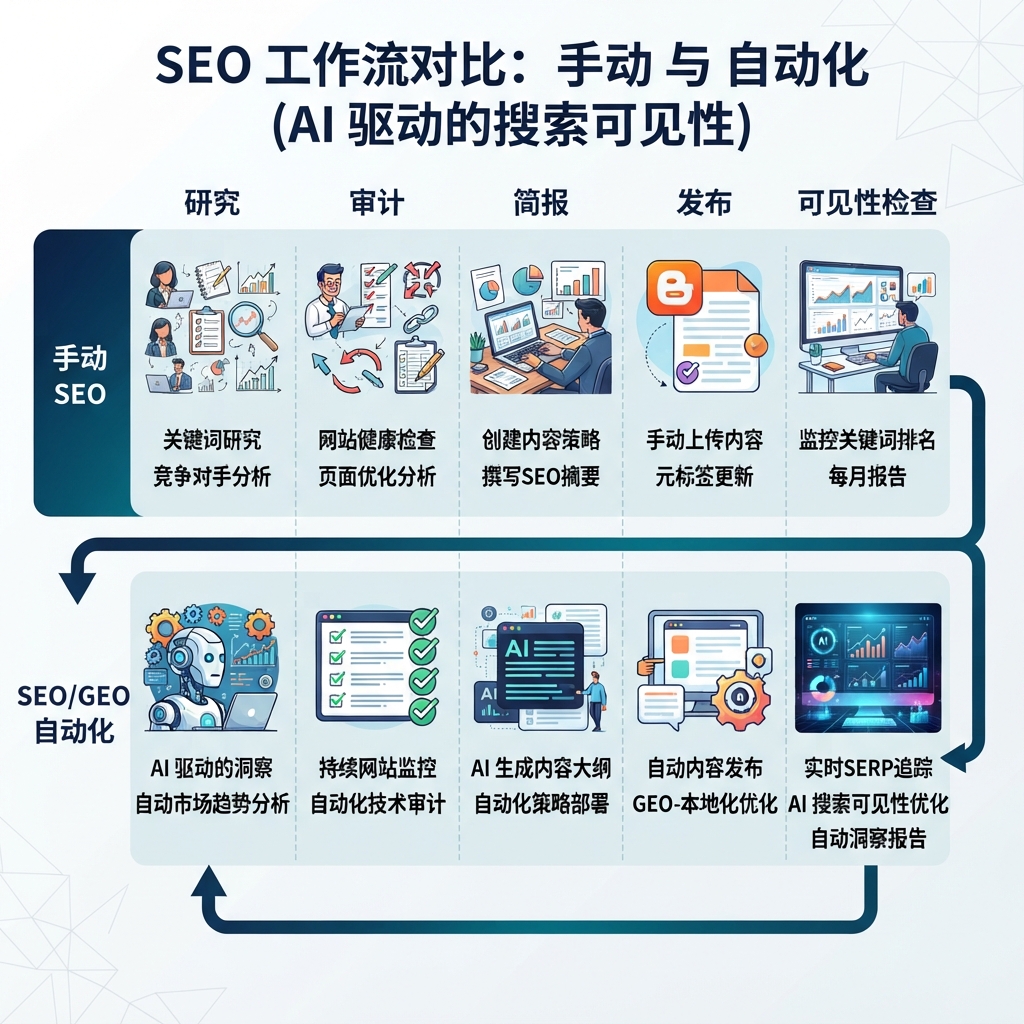 对比手动 SEO 与 SEO/GEO 自动化 workflow 的矩阵
