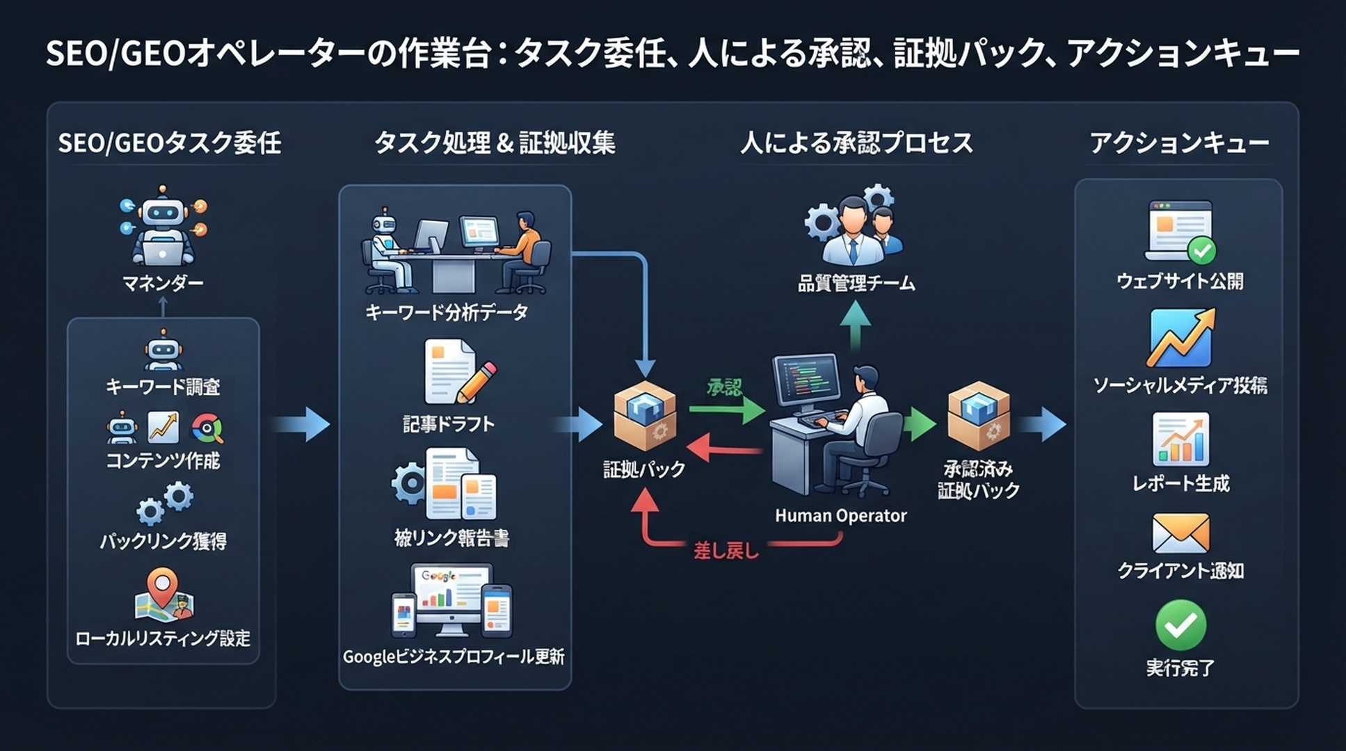 OpenClawのSEO/GEO運用ワークフロー図