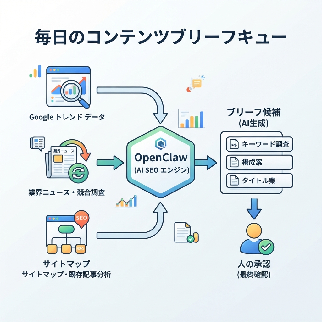 毎日のコンテンツブリーフキュー：OpenClaw cronがトレンドとニュースを取得し、サイトページと照合し、ブリーフを作り、承認を待つ