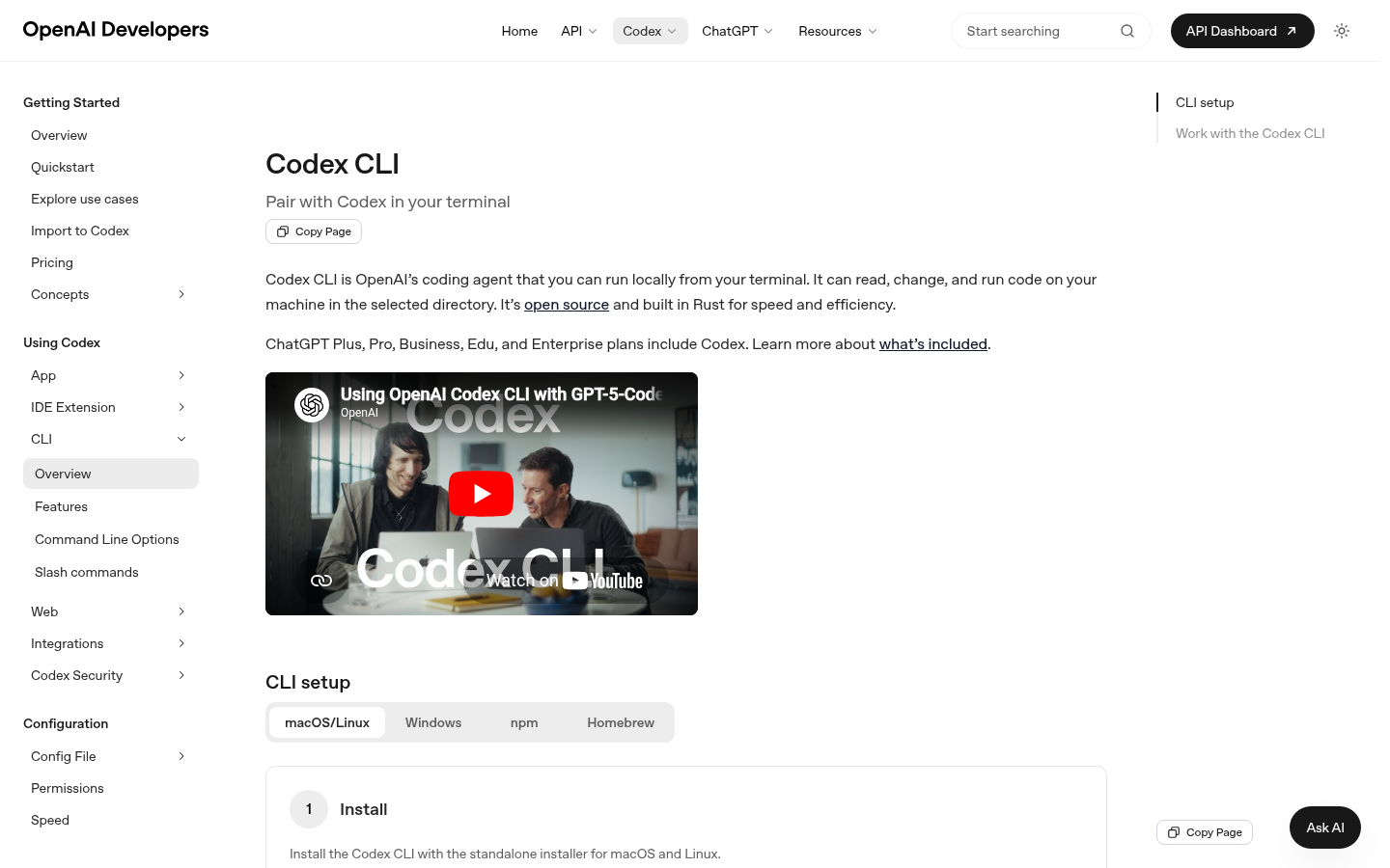 OpenAI Codex CLI documentation screenshot